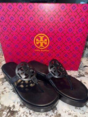 EUC Tory Burch Miller Wedge Sandal in Perfect Black Leather